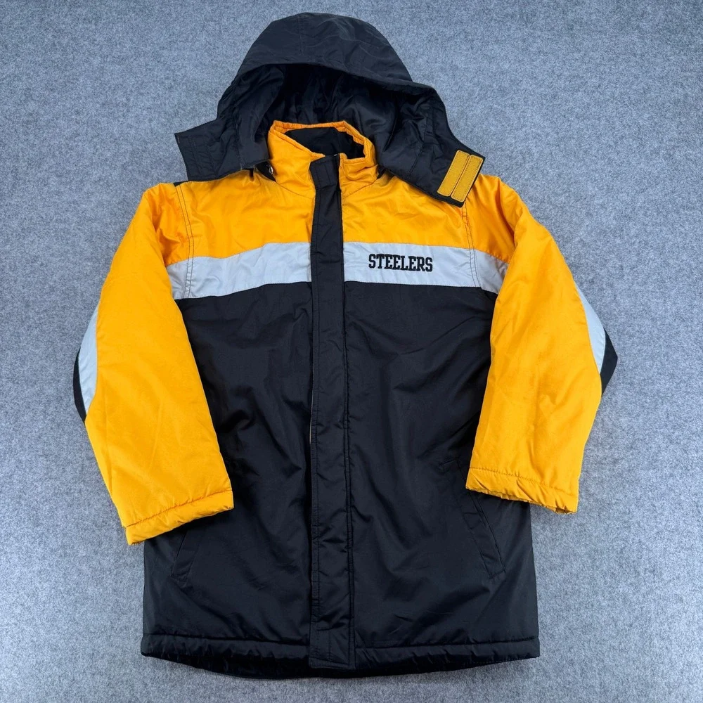NFL Team Apparel Pittsburgh Steelers Parka Hooded Jacket Black Gold Youth Large